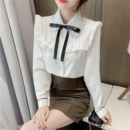 YF5905# 图片色OL甜美气质长袖荷叶边系蝴蝶结宽松显瘦通勤雪纺衬衫 服裝批發女裝批發服飾貨源