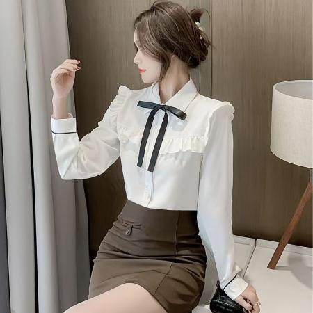 YF5905# 图片色OL甜美气质长袖荷叶边系蝴蝶结宽松显瘦通勤雪纺衬衫 服裝批發女裝批發服飾貨源