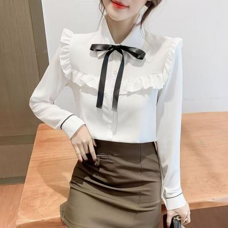 YF5905# 图片色OL甜美气质长袖荷叶边系蝴蝶结宽松显瘦通勤雪纺衬衫 服裝批發女裝批發服飾貨源