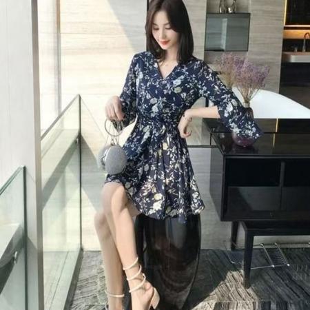 YF5904# 时尚碎花裙中袖 微喇叭套头绑绳修身显瘦连衣裙 服裝批發女裝批發服飾貨源
