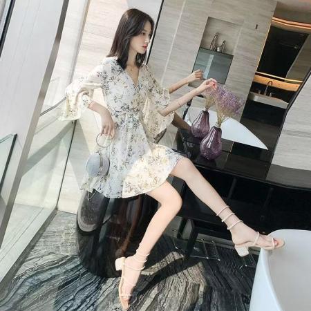 YF5904# 时尚碎花裙中袖 微喇叭套头绑绳修身显瘦连衣裙 服裝批發女裝批發服飾貨源