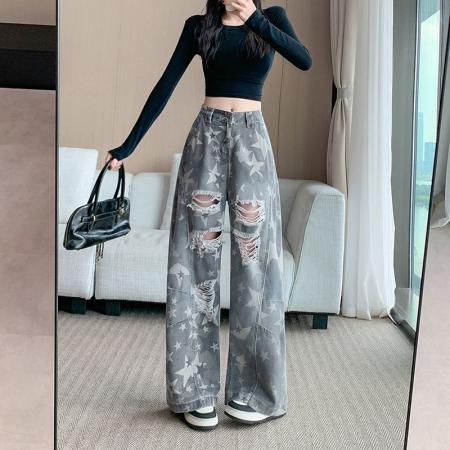FA40570# 美式星星满印破洞牛仔裤女设计感裤子复古宽松阔腿长裤 服裝批發女裝批發服飾貨源
