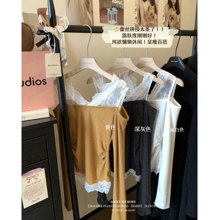 FA40576# 纯欲辣妹蕾丝拼接假两件上衣秋季新款露肩设计感小众T恤 服裝批發女裝批發服飾貨源