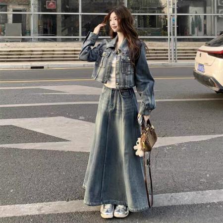 FA40577# 复古牛仔套装裙女春季新款设计感中长高腰a字包臀鱼尾裙子两件套 服裝批發女裝批發服飾貨源