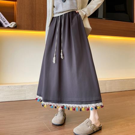 FA40579# 洗水棉流苏半身裙女森系甜美垂感软糯直筒小个子休闲百搭长裙 服裝批發女裝批發服飾貨源