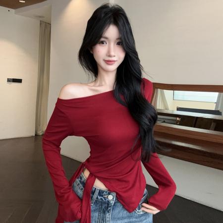 FA40581# 性感纯欲辣妹斜肩长袖T恤衫韩版设计感下开叉绑带打底上衣 服裝批發女裝批發服飾貨源