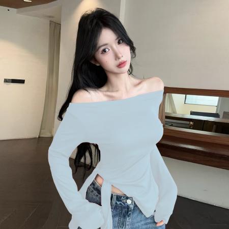 FA40581# 性感纯欲辣妹斜肩长袖T恤衫韩版设计感下开叉绑带打底上衣 服裝批發女裝批發服飾貨源