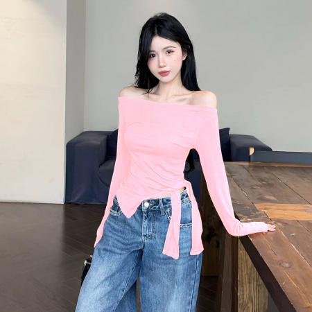 FA40581# 性感纯欲辣妹斜肩长袖T恤衫韩版设计感下开叉绑带打底上衣 服裝批發女裝批發服飾貨源