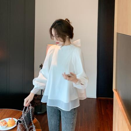FA40583# 秋款甜美宫廷灯笼泡泡袖蝴蝶结衬衫女仙女雪纺衫上衣 服裝批發女裝批發服飾貨源
