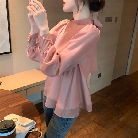 FA40583# 秋款甜美宫廷灯笼泡泡袖蝴蝶结衬衫女仙女雪纺衫上衣 服裝批發女裝批發服飾貨源