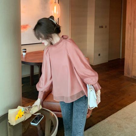 FA40583# 秋款甜美宫廷灯笼泡泡袖蝴蝶结衬衫女仙女雪纺衫上衣 服裝批發女裝批發服飾貨源