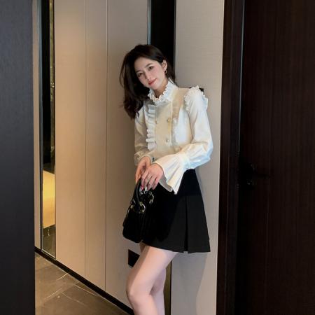 FA40584# 雪纺衬衫女秋季新款立领小衫女高档洋气木耳边长袖上衣 服裝批發女裝批發服飾貨源