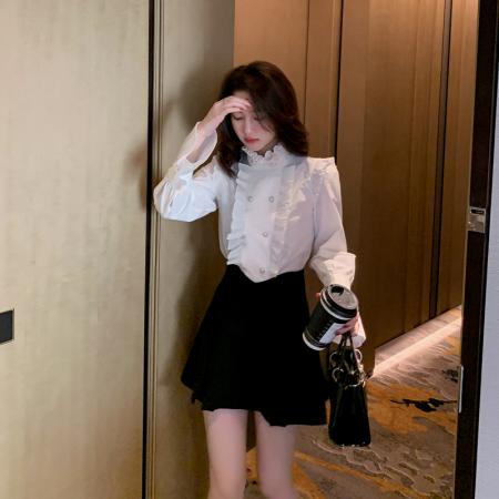 FA40584# 雪纺衬衫女秋季新款立领小衫女高档洋气木耳边长袖上衣 服裝批發女裝批發服飾貨源