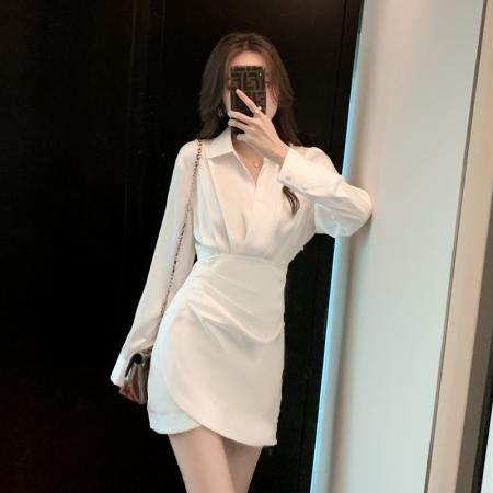 FA40586# 秋装新款时尚高级感修身遮肉显瘦衬衫裙女气质V领连衣裙 服裝批發女裝批發服飾貨源