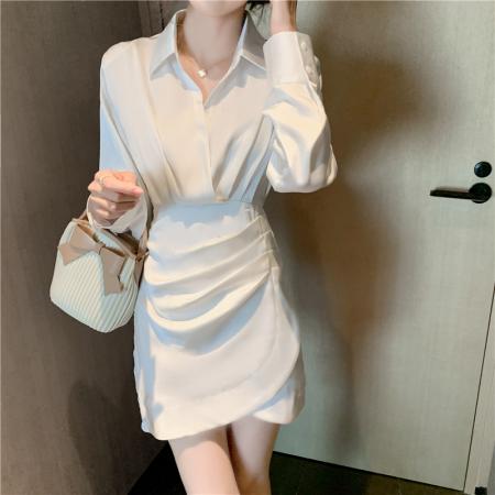 FA40586# 秋装新款时尚高级感修身遮肉显瘦衬衫裙女气质V领连衣裙 服裝批發女裝批發服飾貨源
