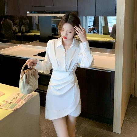 FA40586# 秋装新款时尚高级感修身遮肉显瘦衬衫裙女气质V领连衣裙 服裝批發女裝批發服飾貨源