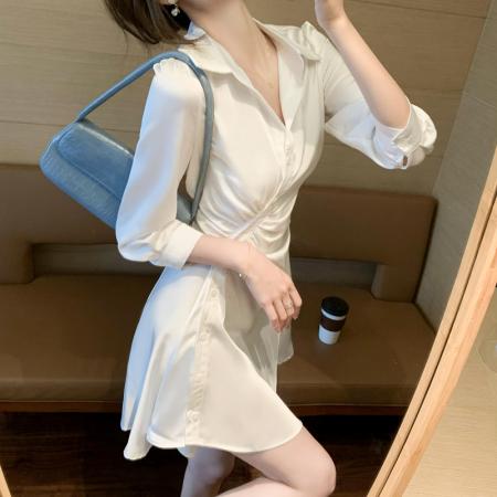 FA40587# 秋新款白色轻熟风连衣裙女衬衫裙收腰显瘦设计感气质裙 服裝批發女裝批發服飾貨源