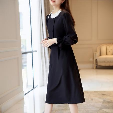 FA40589# 秋季新品假两件高端设计花边领连衣裙复古气质收腰显瘦中长裙 服裝批發女裝批發服飾貨源
