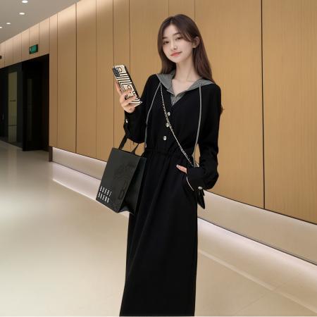 FA40590# 秋冬季新款女士休闲显瘦假两件连帽卫衣裙时尚气质收腰连衣裙 服裝批發女裝批發服飾貨源