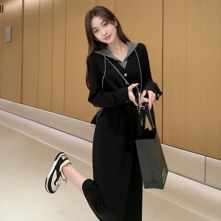 FA40590# 秋冬季新款女士休闲显瘦假两件连帽卫衣裙时尚气质收腰连衣裙 服裝批發女裝批發服飾貨源