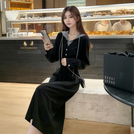 FA40590# 秋冬季新款女士休闲显瘦假两件连帽卫衣裙时尚气质收腰连衣裙 服裝批發女裝批發服飾貨源