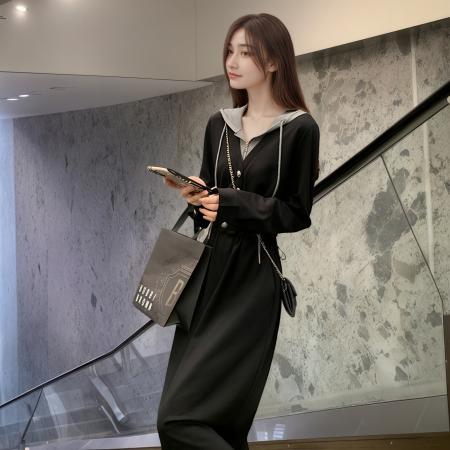 FA40590# 秋冬季新款女士休闲显瘦假两件连帽卫衣裙时尚气质收腰连衣裙 服裝批發女裝批發服飾貨源