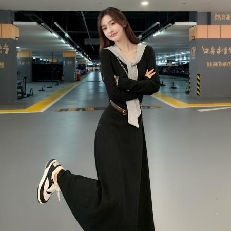 FA40591# 法式赫本风黑色假两件长袖连衣裙简单大方得体收腰气质长裙秋 服裝批發女裝批發服飾貨源