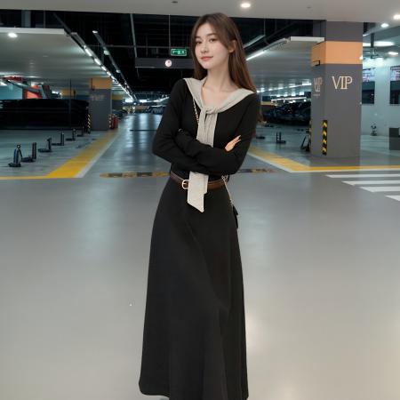 FA40591# 法式赫本风黑色假两件长袖连衣裙简单大方得体收腰气质长裙秋 服裝批發女裝批發服飾貨源