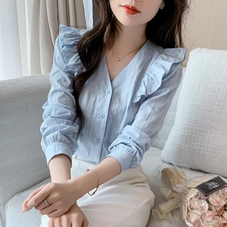 FA40595# 春秋季新款女士衬衣纯棉衬衫女洋气减龄百搭v领上衣 服裝批發女裝批發服飾貨源