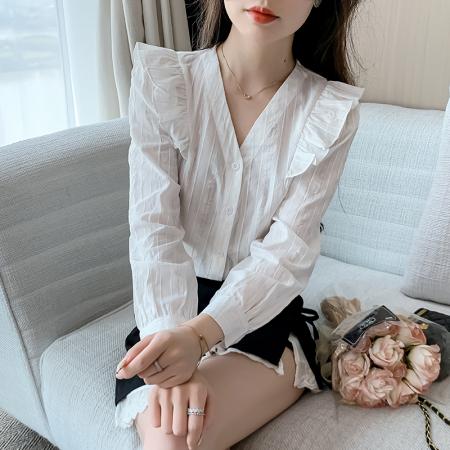 FA40595# 春秋季新款女士衬衣纯棉衬衫女洋气减龄百搭v领上衣 服裝批發女裝批發服飾貨源