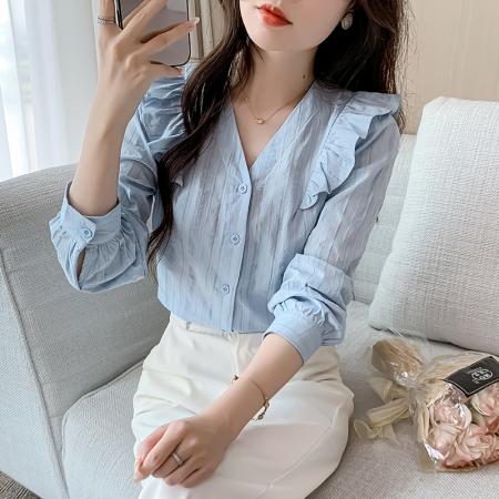 FA40595# 春秋季新款女士衬衣纯棉衬衫女洋气减龄百搭v领上衣 服裝批發女裝批發服飾貨源