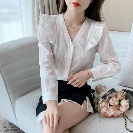 FA40595# 春秋季新款女士衬衣纯棉衬衫女洋气减龄百搭v领上衣 服裝批發女裝批發服飾貨源