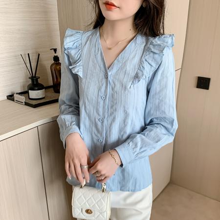 FA40595# 春秋季新款女士衬衣纯棉衬衫女洋气减龄百搭v领上衣 服裝批發女裝批發服飾貨源