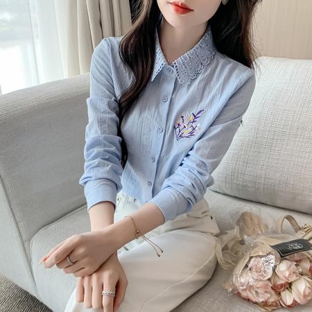 FA40596# 春秋季新款女装时尚刺绣纯棉衬衫女长袖全棉洋气上衣 服裝批發女裝批發服飾貨源