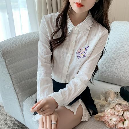 FA40596# 春秋季新款女装时尚刺绣纯棉衬衫女长袖全棉洋气上衣 服裝批發女裝批發服飾貨源
