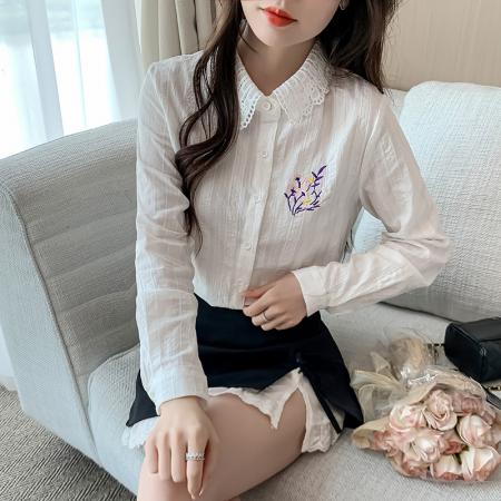 FA40596# 春秋季新款女装时尚刺绣纯棉衬衫女长袖全棉洋气上衣 服裝批發女裝批發服飾貨源