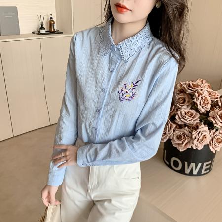 FA40596# 春秋季新款女装时尚刺绣纯棉衬衫女长袖全棉洋气上衣 服裝批發女裝批發服飾貨源