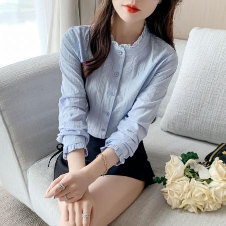 FA40597# 春秋装新款女士衬衣小立领纯棉衬衫女洋气全棉长袖上衣 服裝批發女裝批發服飾貨源