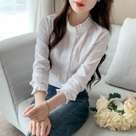 FA40597# 春秋装新款女士衬衣小立领纯棉衬衫女洋气全棉长袖上衣 服裝批發女裝批發服飾貨源