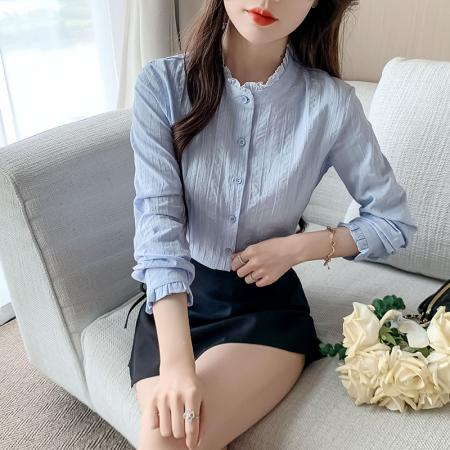 FA40597# 春秋装新款女士衬衣小立领纯棉衬衫女洋气全棉长袖上衣 服裝批發女裝批發服飾貨源