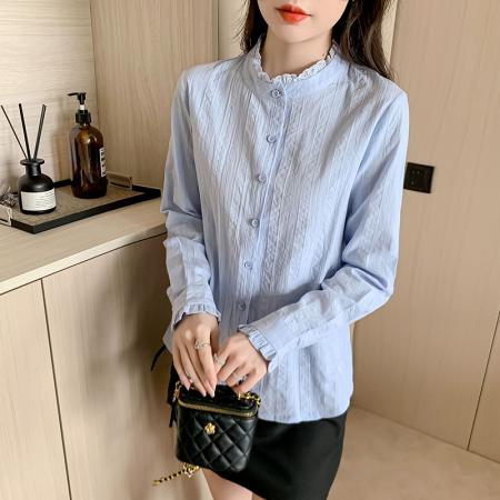 FA40597# 春秋装新款女士衬衣小立领纯棉衬衫女洋气全棉长袖上衣 服裝批發女裝批發服飾貨源