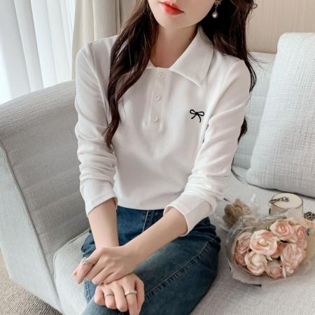 FA40598# POLO小衫春秋季新款打底衫蝴蝶结刺绣女式t恤女生上衣 服裝批發女裝批發服飾貨源