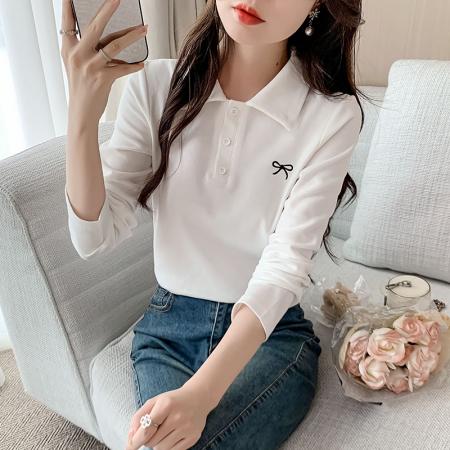 FA40598# POLO小衫春秋季新款打底衫蝴蝶结刺绣女式t恤女生上衣 服裝批發女裝批發服飾貨源