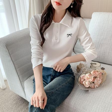 FA40598# POLO小衫春秋季新款打底衫蝴蝶结刺绣女式t恤女生上衣 服裝批發女裝批發服飾貨源