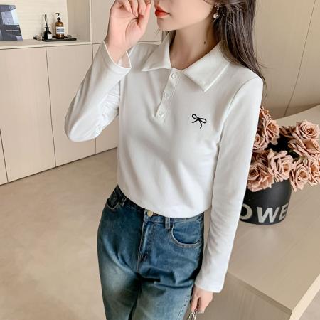 FA40598# POLO小衫春秋季新款打底衫蝴蝶结刺绣女式t恤女生上衣 服裝批發女裝批發服飾貨源