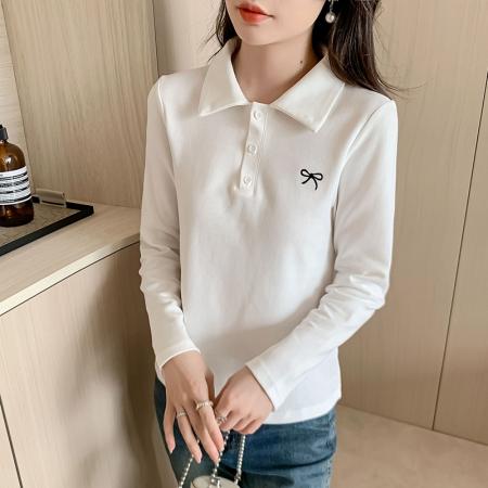 FA40598# POLO小衫春秋季新款打底衫蝴蝶结刺绣女式t恤女生上衣 服裝批發女裝批發服飾貨源