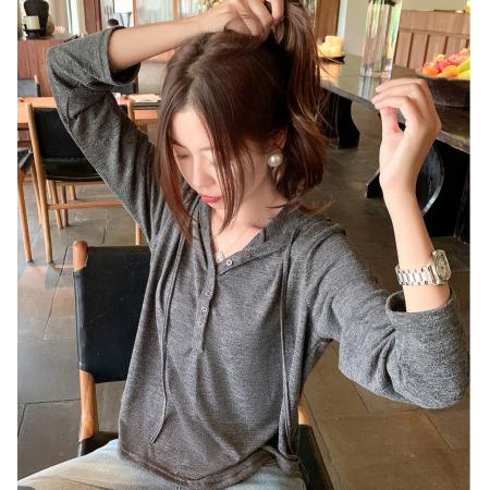 FA40599# 微胖mm秋季新款宽松显瘦连帽长袖T恤女设计感长袖外搭女 服裝批發女裝批發服飾貨源