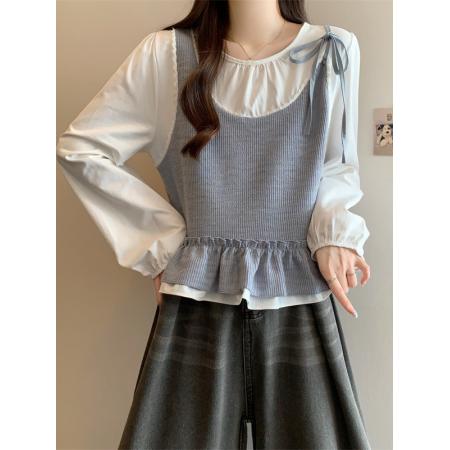 FA40601# 法式复古拼接假两件上衣女秋新别致设计感小众长袖娃娃衫 服裝批發女裝批發服飾貨源
