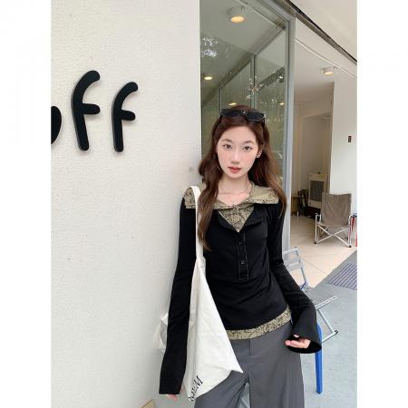FA40603# 撞色拼接假两件连帽长袖t恤女早秋新款修身显瘦叠穿打底上衣 服裝批發女裝批發服飾貨源