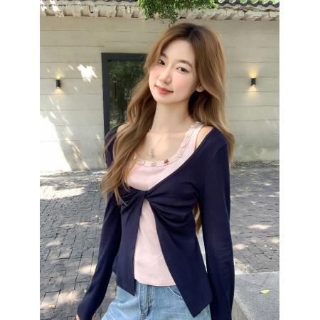 FA40605# 复古拼接撞色假两件长袖t恤女初秋新款别致修身显瘦气质上衣 服裝批發女裝批發服飾貨源